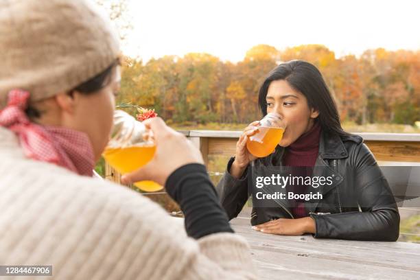 deux amis adultes boivent du cidre à table à l’extérieur du bar de ferme dans la vallée de l’hudson new york - cidre photos et images de collection
