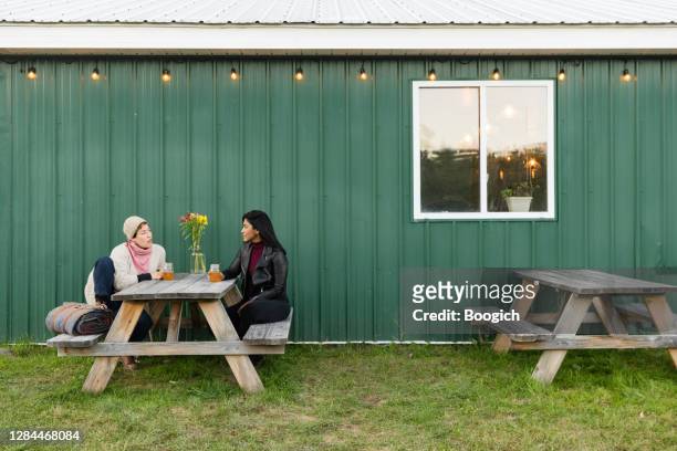 two adult friends drink cider at table outside farm bar in the hudson valley new york - bar wide angle stock pictures, royalty-free photos & images