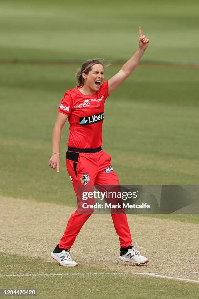 Sophie Molineux of the Renegades celebrates after taking the wicket of Tahlia McGrath of the Strikers during the Women's Big Bash League WBBL match...