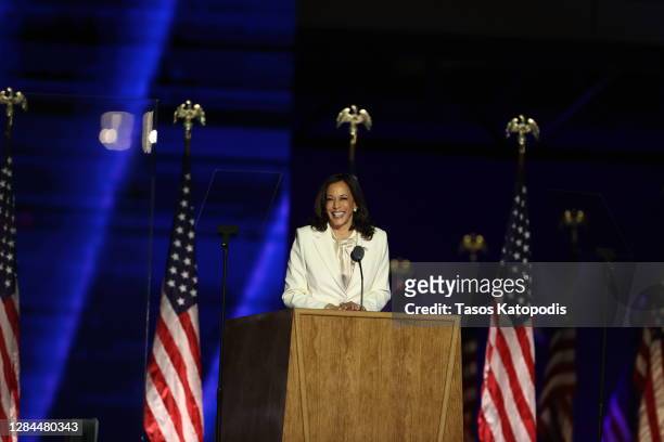Vice President-elect Kamala Harris addresses the nation from the Chase Center November 07, 2020 in Wilmington, Delaware. After four days of counting...