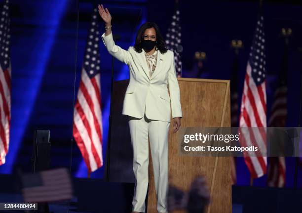 Vice President-elect Kamala Harris takes the stage at the Chase Center before President-elect Joe Biden's address to the nation November 07, 2020 in...