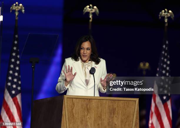 Vice President-elect Kamala Harris speaks on stage at the Chase Center before President-elect Joe Biden's address to the nation November 07, 2020 in...