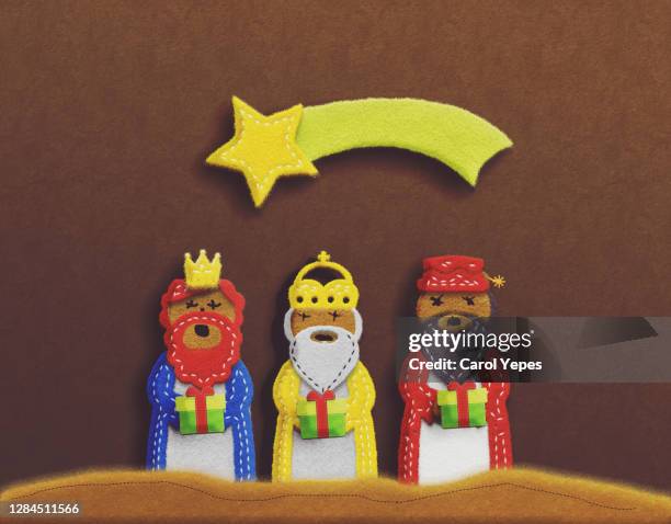 art handmade product the three wise men in felt - los tres reyes magos fotos fotografías e imágenes de stock