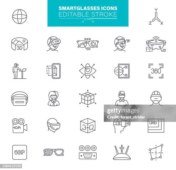 . set contains such icon as 360-degree view, virtual reality simulator, smart phone - ar glasses stock illustrations