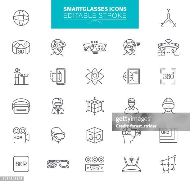 . set contains such icon as 360-degree view, virtual reality simulator, smart phone - smart glasses stock illustrations