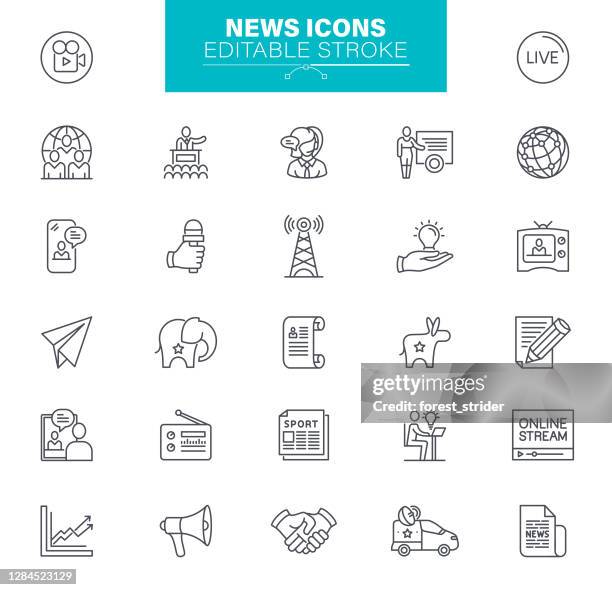 ilustraciones, imágenes clip art, dibujos animados e iconos de stock de iconos de noticias trazo editable - nota de prensa