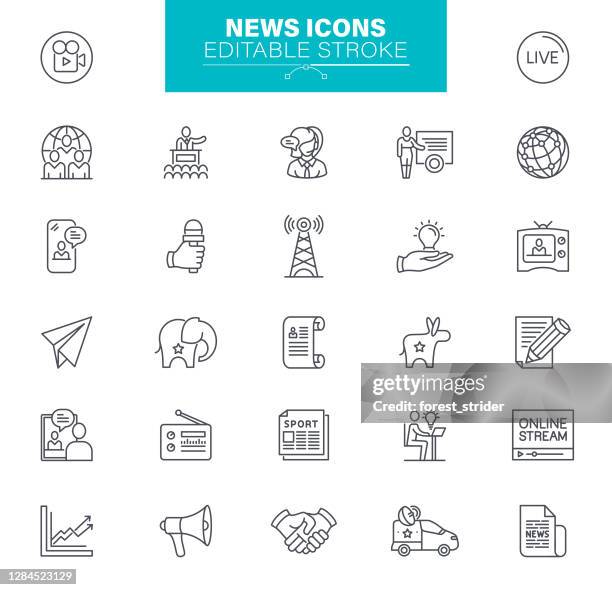 ilustraciones, imágenes clip art, dibujos animados e iconos de stock de iconos de noticias trazo editable - rss