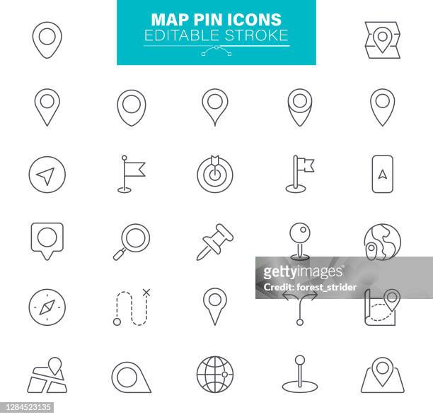 illustrazioni stock, clip art, cartoni animati e icone di tendenza di icone pin mappa tratto modificabile - direzione