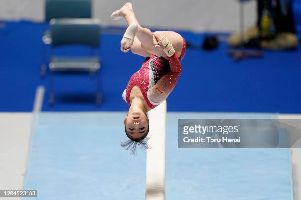 Asuka Teramoto of Japan competes on the balance beam during the artistic gymnastics Friendship and Solidarity Competition at the Yoyogi National...