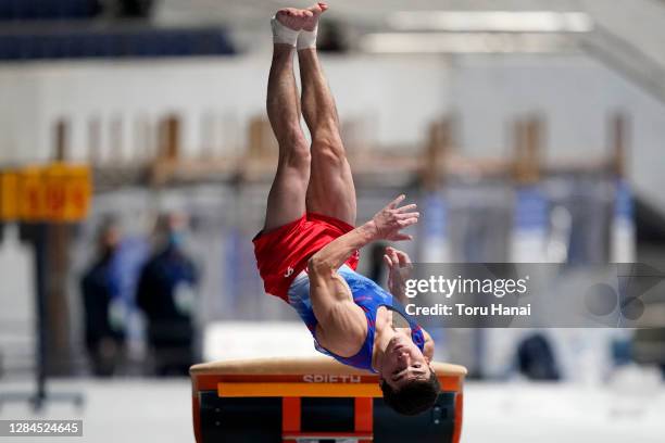 Arthur Dalaloyan of Russia competes on the vault during the artistic gymnastics Friendship and Solidarity Competition at the Yoyogi National...