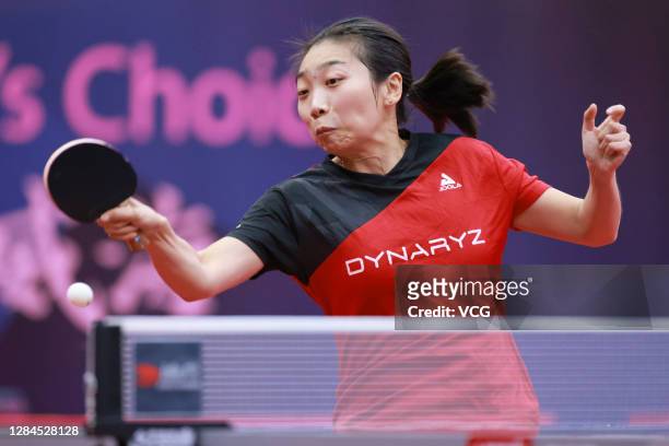Wu Yue of the USA reacts in the Women's Singles group match against Petrissa Solja of Germany on day one of the 2020 ITTF Women's World Cup at Weihai...