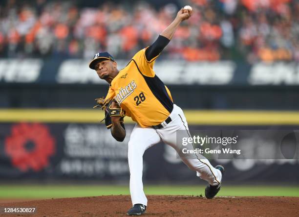 Pitcher Ariel Miranda of CTBC Brothers pitches at the top of the first inning during the Taiwan Series Game 7 between CTBC Brothers and Uni-Lions at...