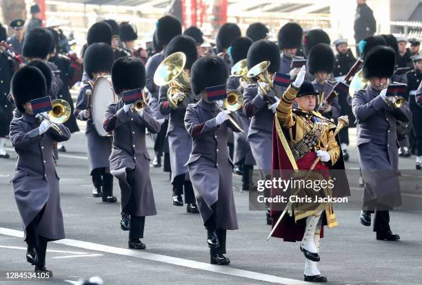 Military band during the National Service of Remembrance at The Cenotaph on November 08, 2020 in London, England. Remembrance Sunday services are...