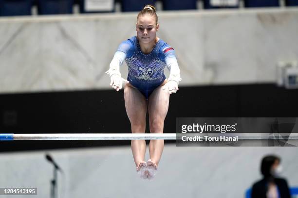 Aleksandra Shchekoldina of Russia competes on the uneven bars during the artistic gymnastics Friendship and Solidarity Competition at the Yoyogi...
