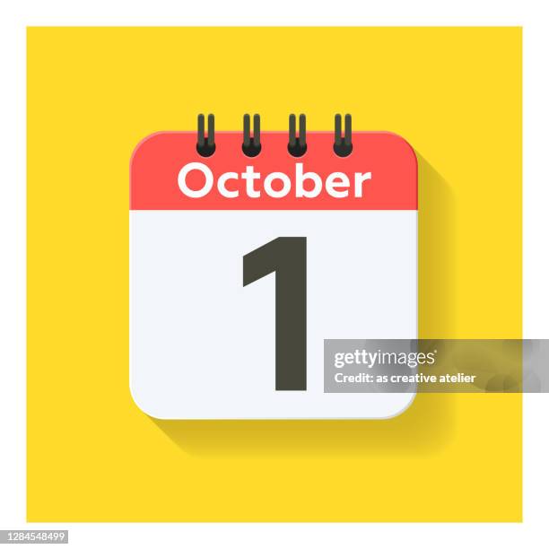 oktober 1 - tageskalender-symbol in flachem design-stil und gelbem hintergrund. - oktober stock-grafiken, -clipart, -cartoons und -symbole