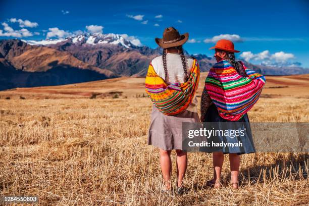 peruaanse vrouwen in nationale kleding die andes, de heilige vallei bekijken - peru stockfoto's en -beelden