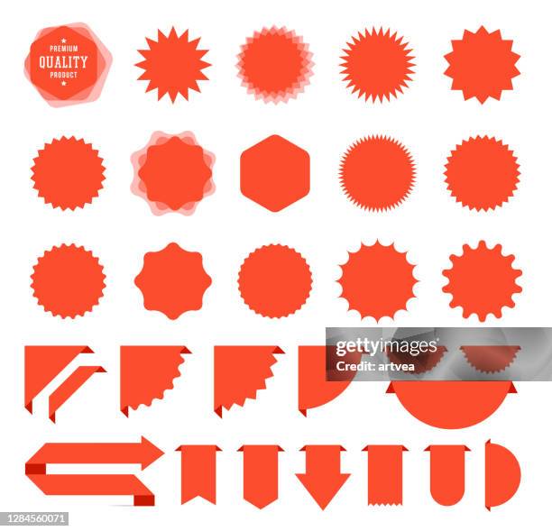 bildbanksillustrationer, clip art samt tecknat material och ikoner med starburst försäljning klistermärken och band - etikett
