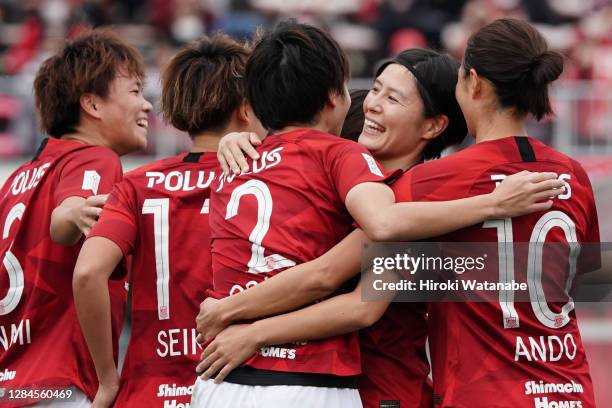 Kana Osafune of Urawa Red Diamonds Ladies celebrates scoring her team's first goal during the Nadeshiko League match between Urawa Red Diamonds...