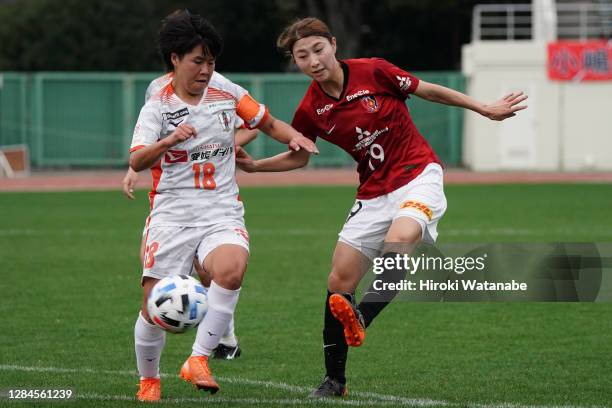 Yuzuho Shiokoshi of Urawa Red Diamonds Ladies scores her team's second goal during the Nadeshiko League match between Urawa Red Diamonds Ladies and...