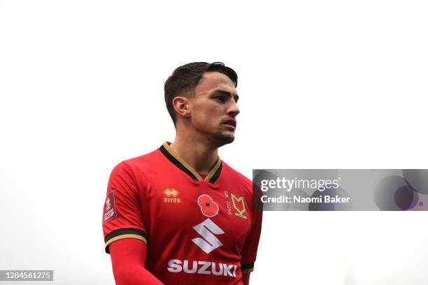 Regan Poole of Milton Keynes Dons looks on during the FA Cup First Round match between Eastleigh and Milton Keynes Dons on November 08, 2020 in...