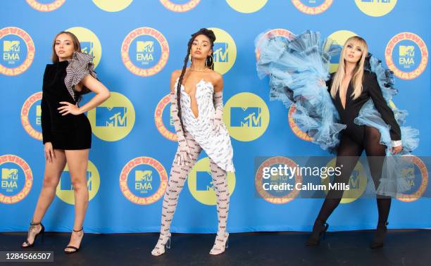 In this image released on November 08, Hosts Jade Thirlwall, Leigh-Anne Pinnock and Perrie Edwards of Little Mix poses ahead of the MTV EMA's 2020 on...