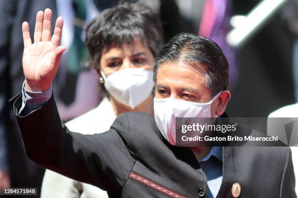 Newly elected Vice President of Bolivia David Choquehuanca waves during his arrival for the swearing in ceremony at Plaza Murillo on November 08,...