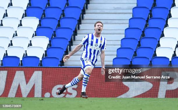 Nacho Monreal of Real Sociedad celebrates after scoring his team's first goal during the La Liga Santander match between Real Sociedad and Granada CF...