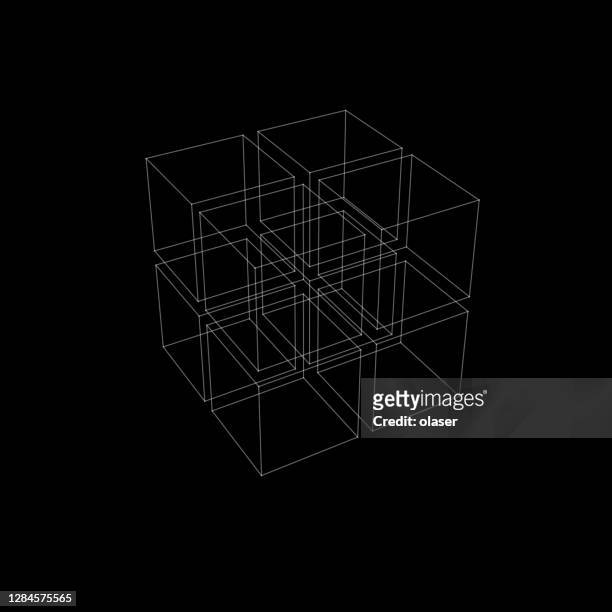 illustrazioni stock, clip art, cartoni animati e icone di tendenza di wireframe fine di 3x3x3 = 27 cubi grandi. con prospettiva. - modalità wire frame
