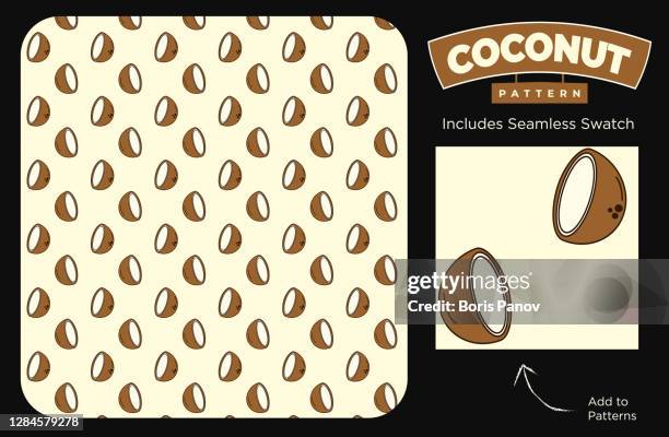 funky seamless coconut pattern on light beige background for food and beverage textures or fashion textile - coconut milk stock illustrations
