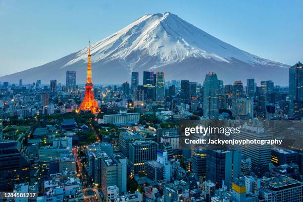 mt. fuji and tokyo skyline - tokio fotografías e imágenes de stock