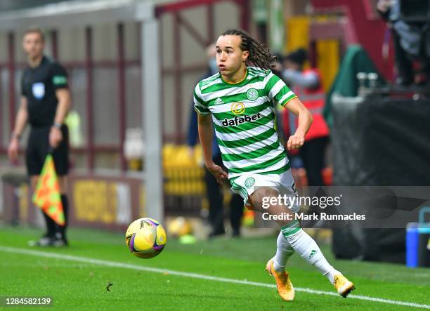 Diego Laxalt of Celtic in action during the Ladbrokes Scottish Premiership match between Motherwell and Celtic at Fir Park on November 6, 2020 in...