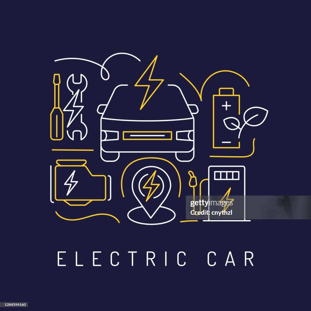 Electric Car Concept, Modern Line Art Icons Background. Linear Style Vector Illustration.