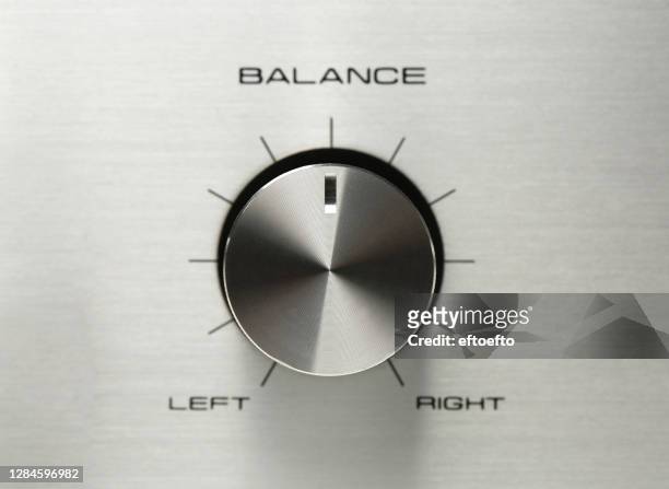 balance button, sound control, music knob with metal aluminum or chrome texture and number scale isolated on gray background - verstärker stock-fotos und bilder