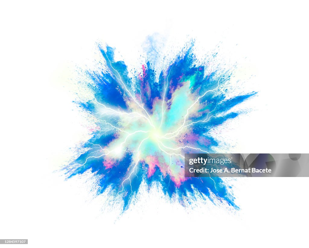 Electric explosion with multicolored smoke and lightning bolts on a white background