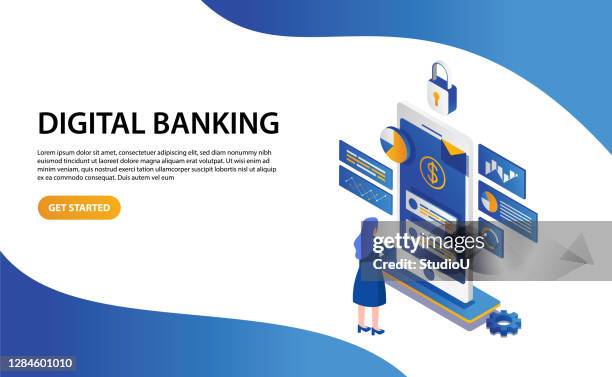 ilustrações de stock, clip art, desenhos animados e ícones de digital banking isometric design - woman in studio