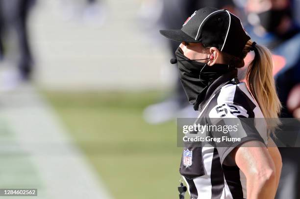 Referee Sarah Thomas looks on during the game between the New York Giants and Washington Football Team at FedExField on November 08, 2020 in...