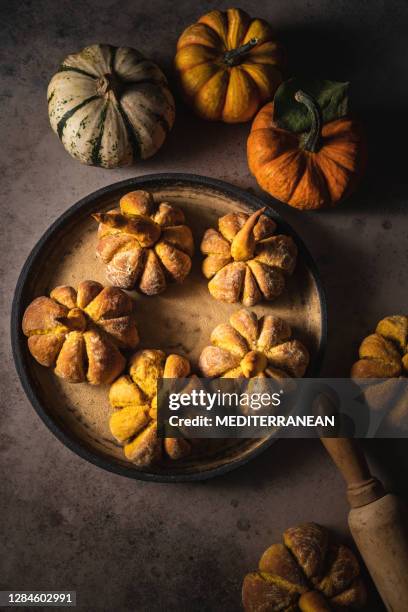 autumn pumpkin bread buns with pumpkin shape homemade - brioche stock pictures, royalty-free photos & images