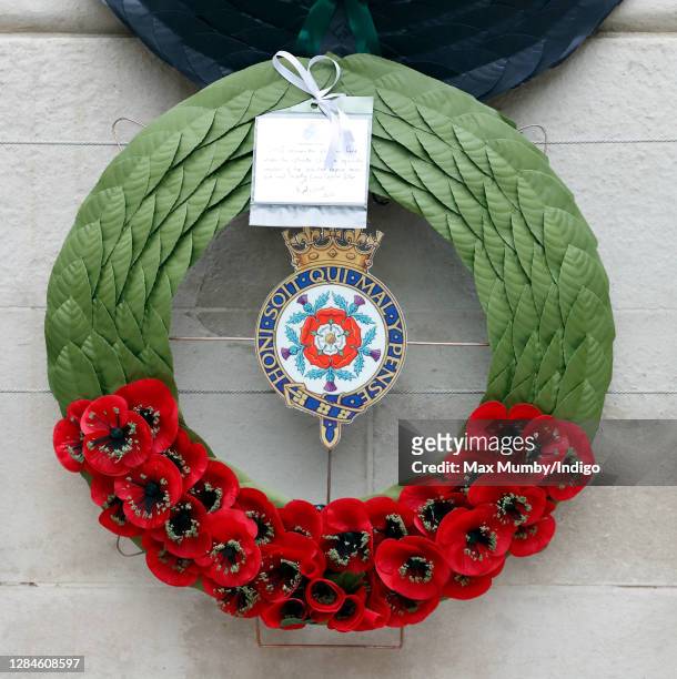 Prince Edward, Earl of Wessex's hand written message and poppy wreath which he laid during the National Service of Remembrance at The Cenotaph on...