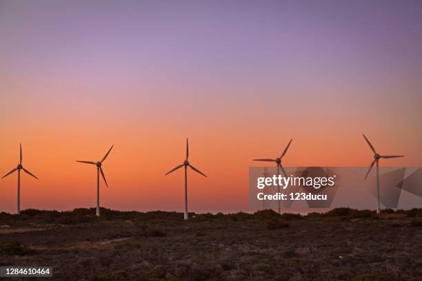 windmills at sunset - wind farm sunset stock pictures, royalty-free photos & images