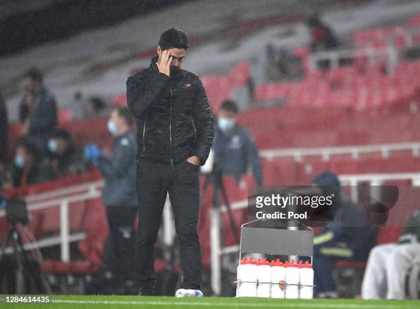 Mikel Arteta, Manager of Arsenal looks dejected during the Premier League match between Arsenal and Aston Villa at Emirates Stadium on November 08,...