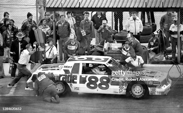 Driver Darrell Waltrip makes a pit stop during the running of the 1981 Daytona 500 stock car race at Daytona International Speedway in Daytona Beach,...