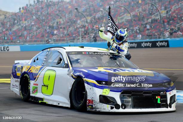 Chase Elliott, driver of the NAPA Auto Parts Chevrolet, celebrates after winning the NASCAR Cup Series Season Finale 500 and the 2020 NASCAR Cup...