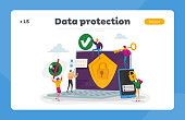 Privacy Data Protection, Internet Virtual Private Network Landing Page Template. Tiny Characters around of Huge Laptop