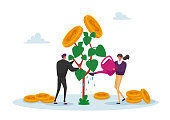 Business Man and Woman Characters Watering Money Tree, Growing Wealth Capital for Refund Care of Plant with Gold Coins