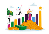 Profitable Investments, Company Success Concept. Joyful Business Men Characters at Huge Growing Column Graph with Money