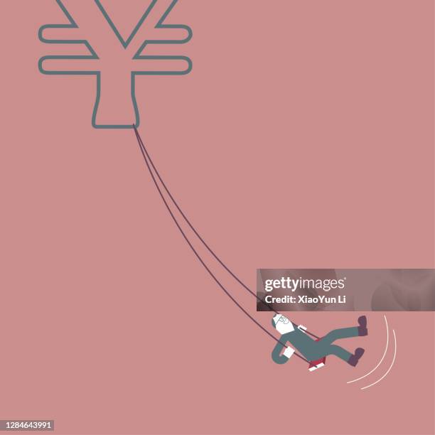 a man swings on the china yuan symbol. - informal trader stock illustrations