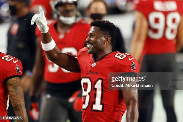 Antonio Brown of the Tampa Bay Buccaneers gestures before the game against the New Orleans Saints at Raymond James Stadium on November 08, 2020 in...