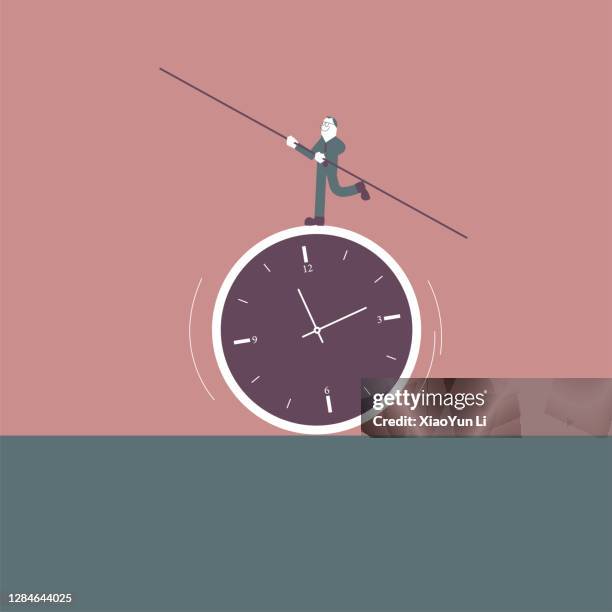 ein mann balanciert den stunt auf der uhr. - tightrope walking stock-grafiken, -clipart, -cartoons und -symbole