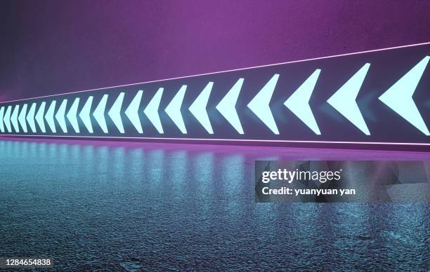 3d rendering exhibition background - neon arrow stock pictures, royalty-free photos & images