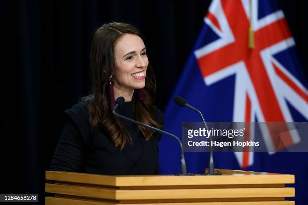 Prime Minister Jacinda Ardern speaks to media during a post cabinet press conference at Parliament on November 09, 2020 in Wellington, New Zealand....